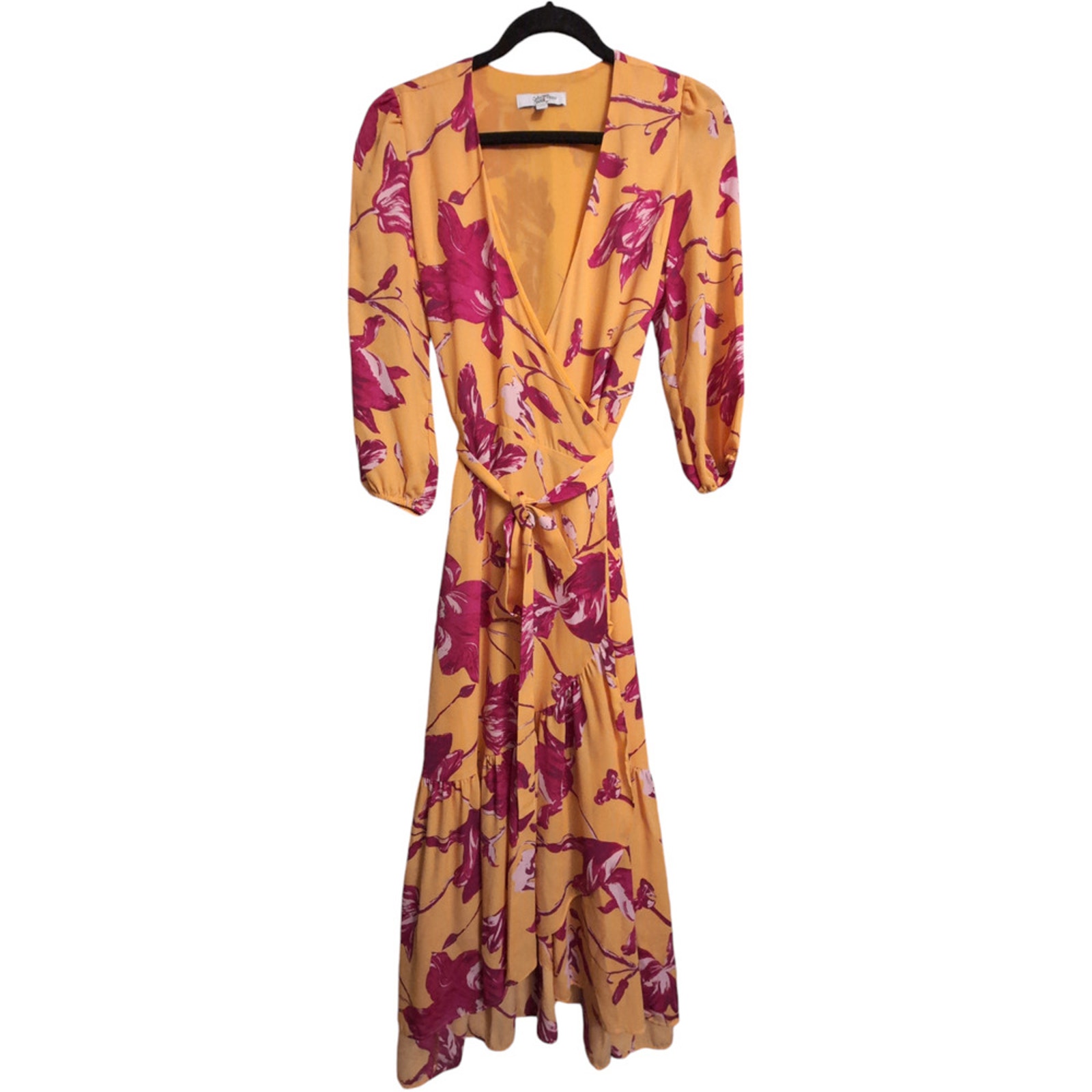 Color Me Courtney Yellow Floral Wrap Maxi Dress Long Sleeve Tie Waist Size Xs